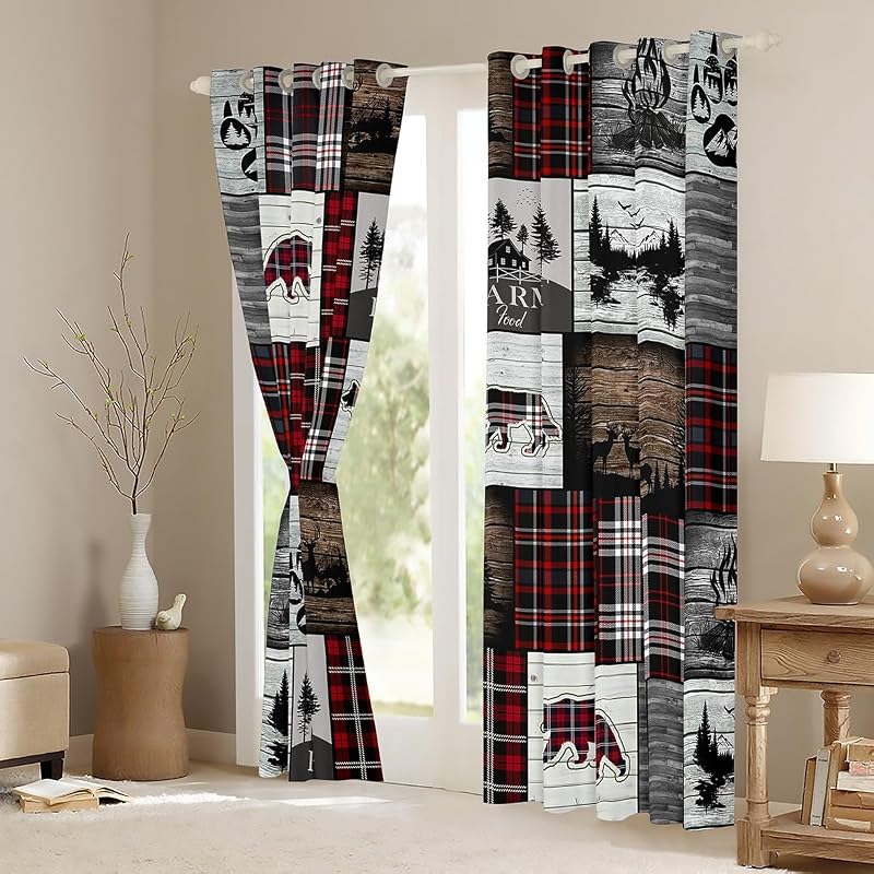 Hunting Bear Blackout Curtains Set - 2 Panels, 38x54 in, Velvet, Multi 05