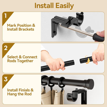 YaFex Adjustable Curtain Rods - Heavy Duty 1 Inch, 32-170 Inch, Black | Modern Design & Easy Installation