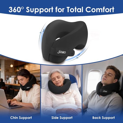 Jiaao Travel Pillow - Memory Foam Neck Support for Airplanes | Includes Eye Mask, Earplugs & Storage Bag
