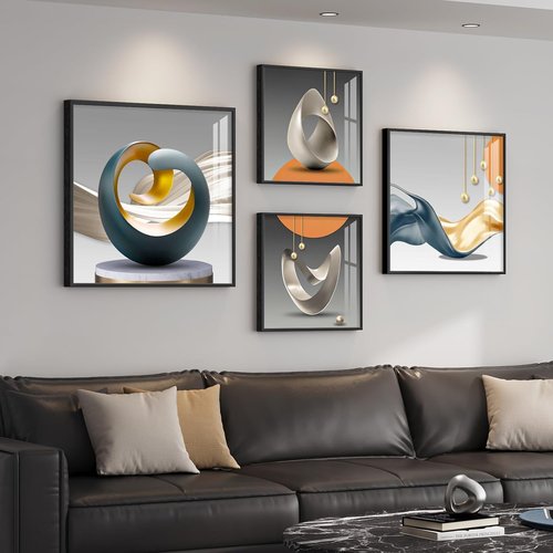 Framed Modern Wall Art Set by [Brand Name] - Abstract Luxury Geometric Prints | Contemporary Orange, Gray & Gold Decor for Living Room, Bedroom & Office