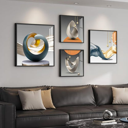 Framed Modern Wall Art Set by [Brand Name] - Abstract Luxury Geometric Prints | Contemporary Orange, Gray & Gold Decor for Living Room, Bedroom & Office