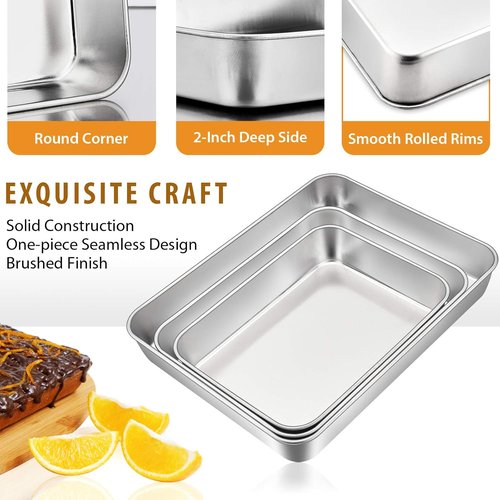 E-far Baking Pans Set - 3 Stainless Steel Rectangle & Square Cake Pans | Oven Safe, Dishwasher Safe