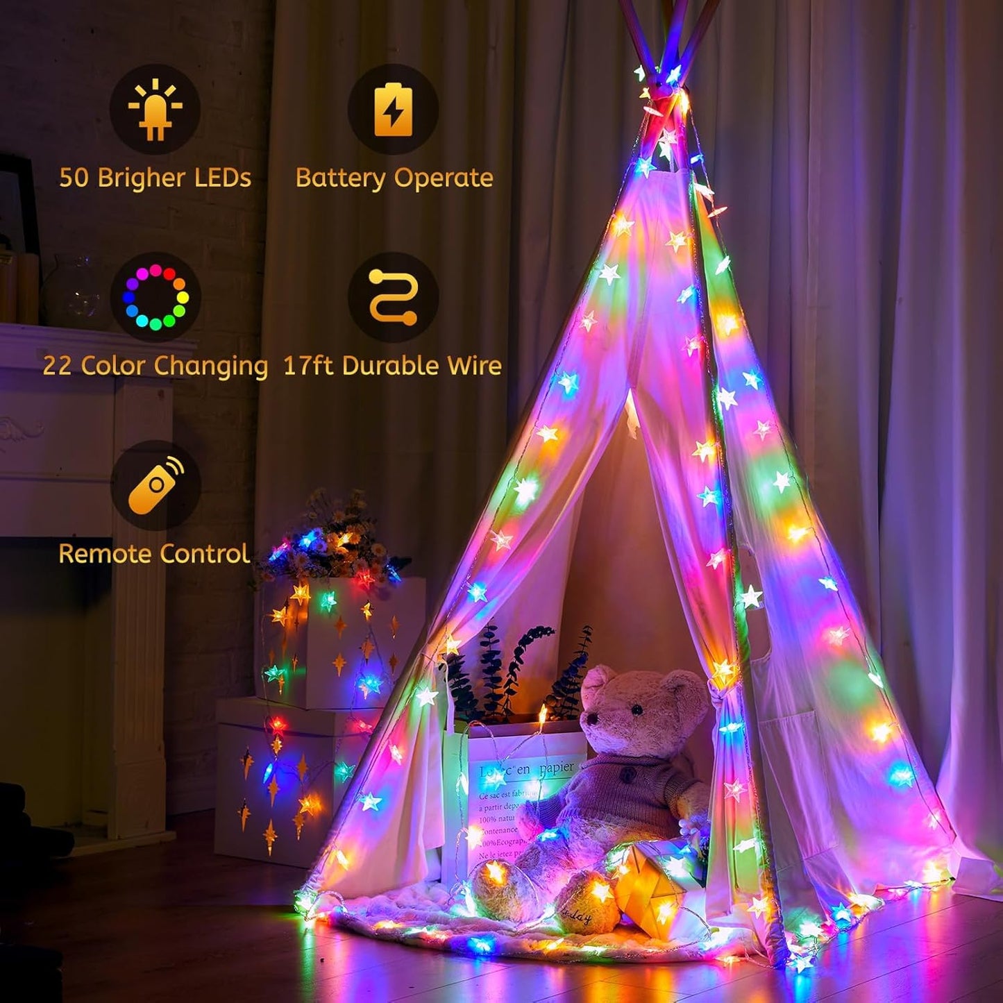 Minetom Star String Lights - 50 LED Color Changing Fairy Lights with Remote & Timer | 17 ft for Bedroom & Patio
