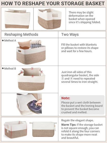 Mkono Woven Storage Basket - Cube Cotton Rope Organizer for Toys, Clothes & Towels | 13" x 10" x 9", Brown & White