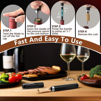 Wine Bottle Opener with Foil Cutter - NUCOKRS Air Pump Aeropop Corkscrew, Pen Style Opens in 3-7 Pumps, Effortless & No Damage to Cork, Compact Gift for Wine Lovers (Black)