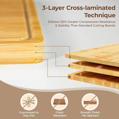 Bamboo Cutting Boards Set of 4 - Non-Slip Charcuterie & Chopping Boards with Holder | Ideal Gift