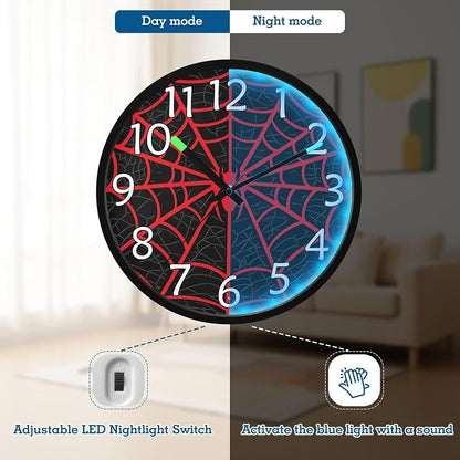 Wall Clock Night Light Spiderweb Red – Sound-Activated 12in LED Clock (Variation: Red Halloween)