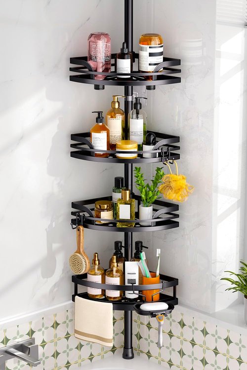 HAMITOR Shower Caddy Tension Pole - Rustproof Adjustable Bathroom Corner Shelf | 47-121 Inches - Black