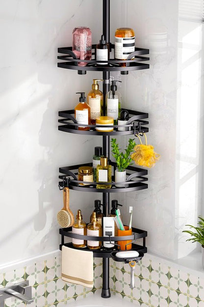 HAMITOR Shower Caddy Tension Pole - Rustproof Adjustable Bathroom Corner Shelf | 47-121 Inches - Black