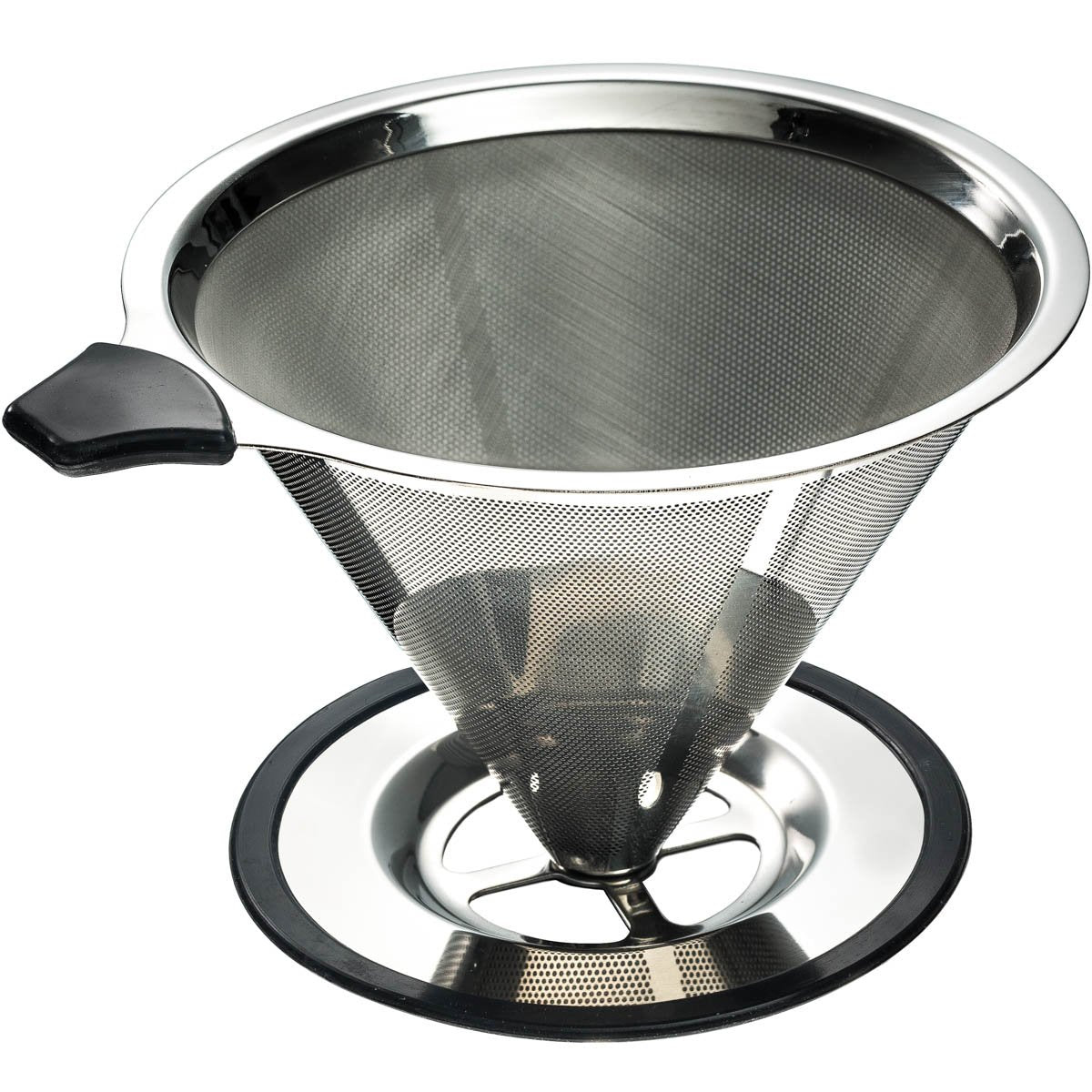 Stainless Steel Pour Over Coffee Cone Dripper with Cup Stand - Paperless and Reusable - Ultra Fine Micro Mesh Filter - BONUS: Coffee Scooping Spoon + Cleaning Brush - [1-4 Cup]