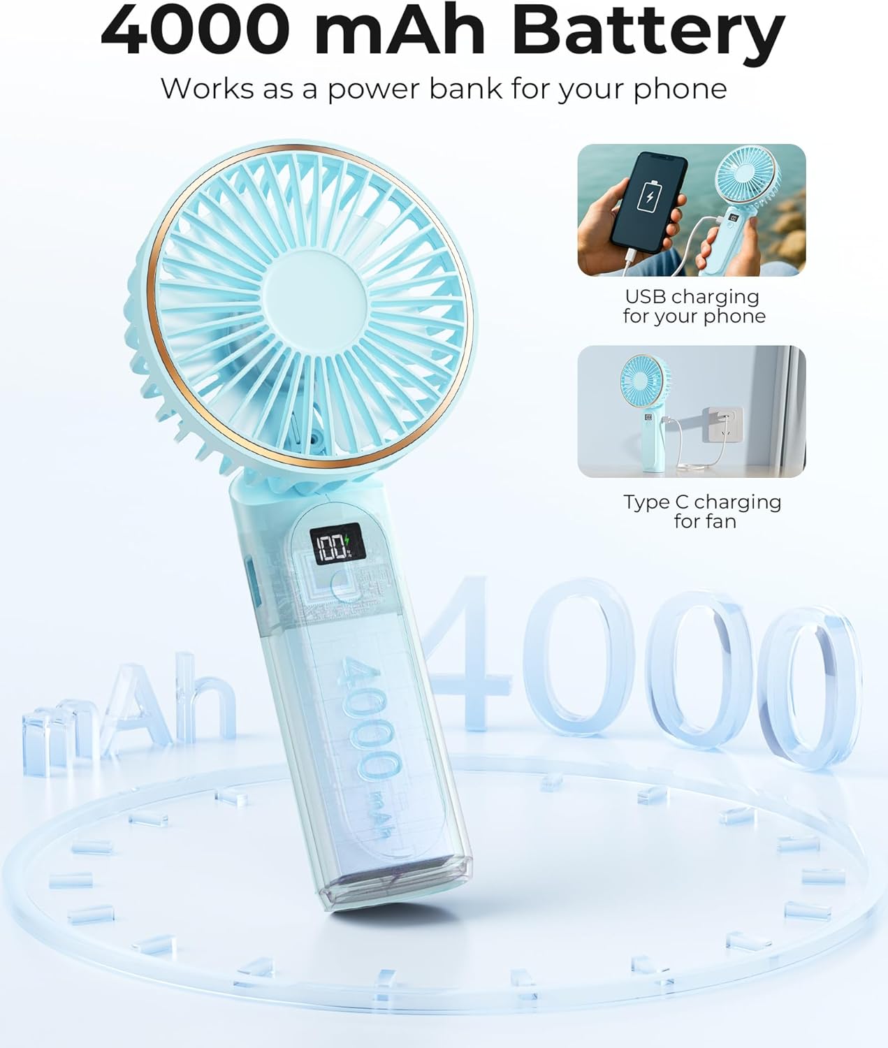 TUNISE Portable Handheld Fan - 4000mAh Battery, 6 Speed Settings, USB Rechargeable, Adjustable Design