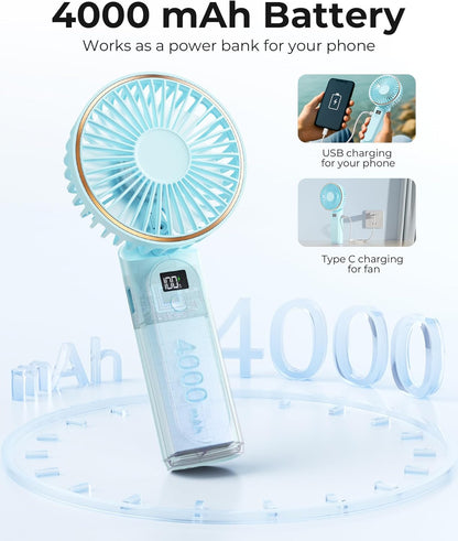 TUNISE Portable Handheld Fan - 4000mAh Battery, 6 Speed Settings, USB Rechargeable, Adjustable Design