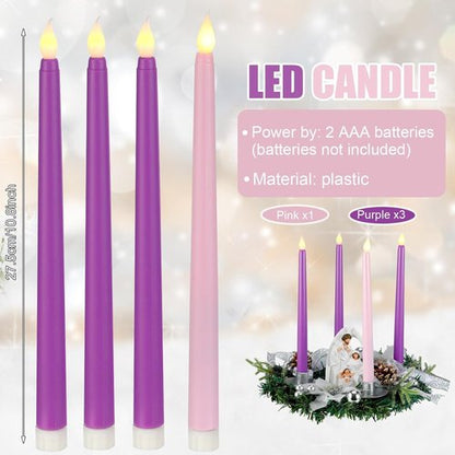 Jingmore Advent Candle Holder Kit - 6 Pcs with 12'' Wreath, Nativity Scene & 4 LED Candles for Christmas Decor