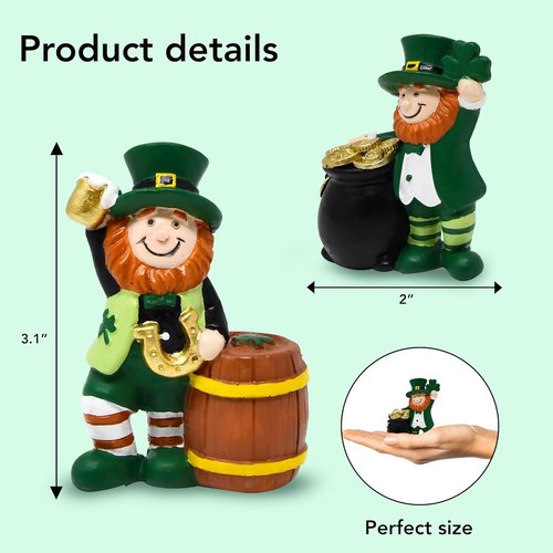 Gift Boutique St. Patrick’s Day Leprechaun Figurines Set - Mini Resin Irish Decor with Gold Coins & Shamrock