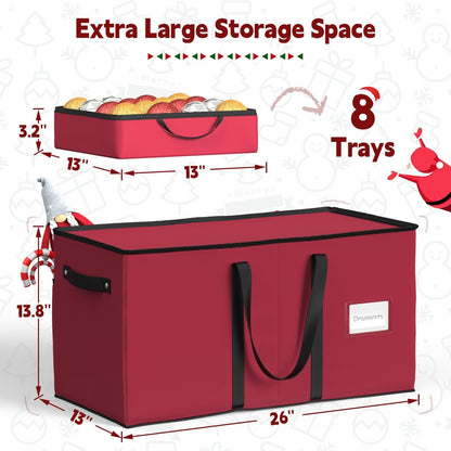 Sunvigor Christmas Ornament Storage Box - Holds 128 Ornaments with Adjustable Dividers & Dual Zippers | Rose Red
