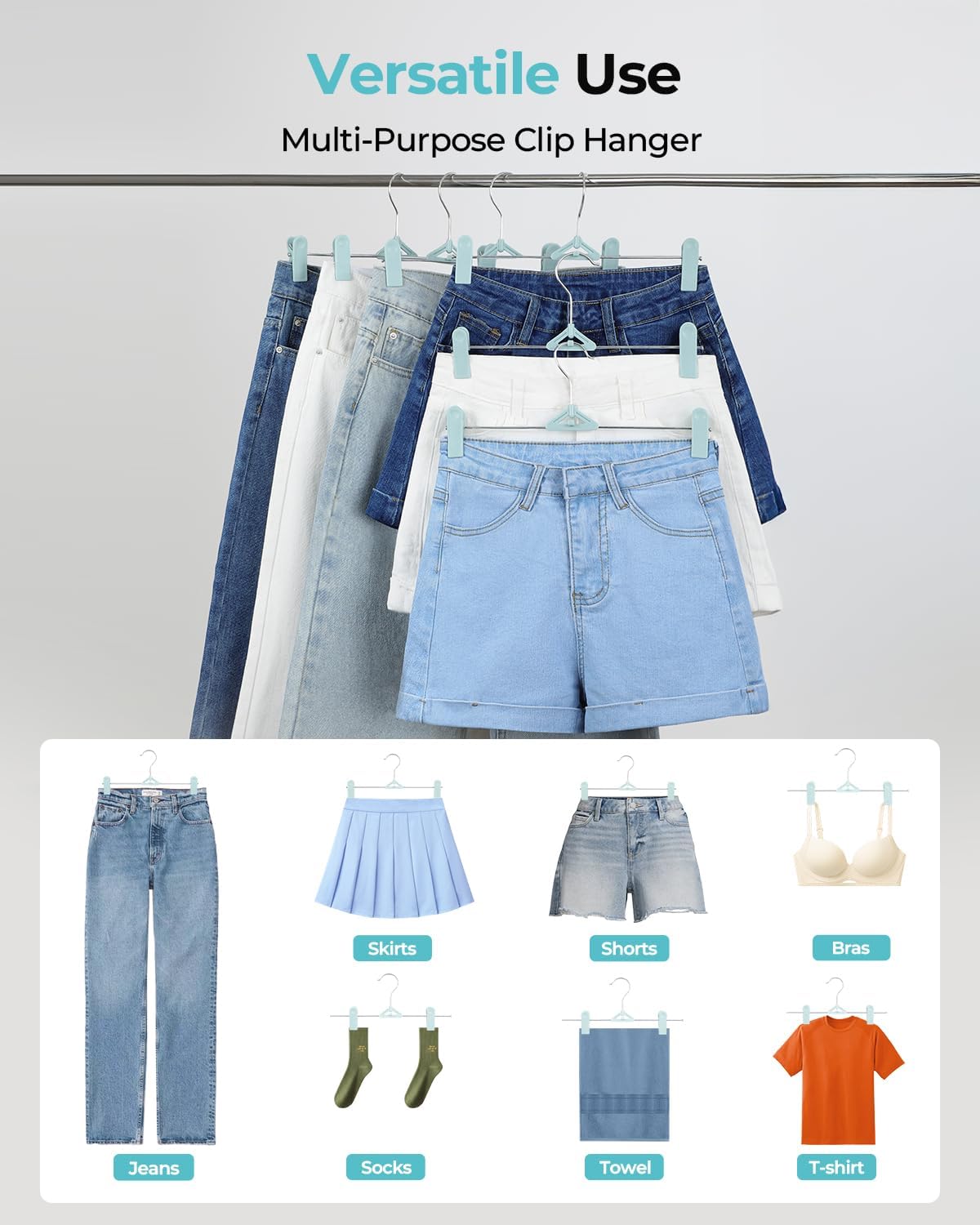 Skiennix Pants Hangers with Clips - 30 Pack Adjustable Non-Slip Skirt Hangers | Space-Saving Closet Organizer