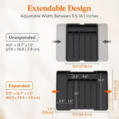 Lifewit Expandable Silverware Drawer Organizer - BPA-Free Utensil Tray for Kitchen | Adjustable 11-18 x 14", Black
