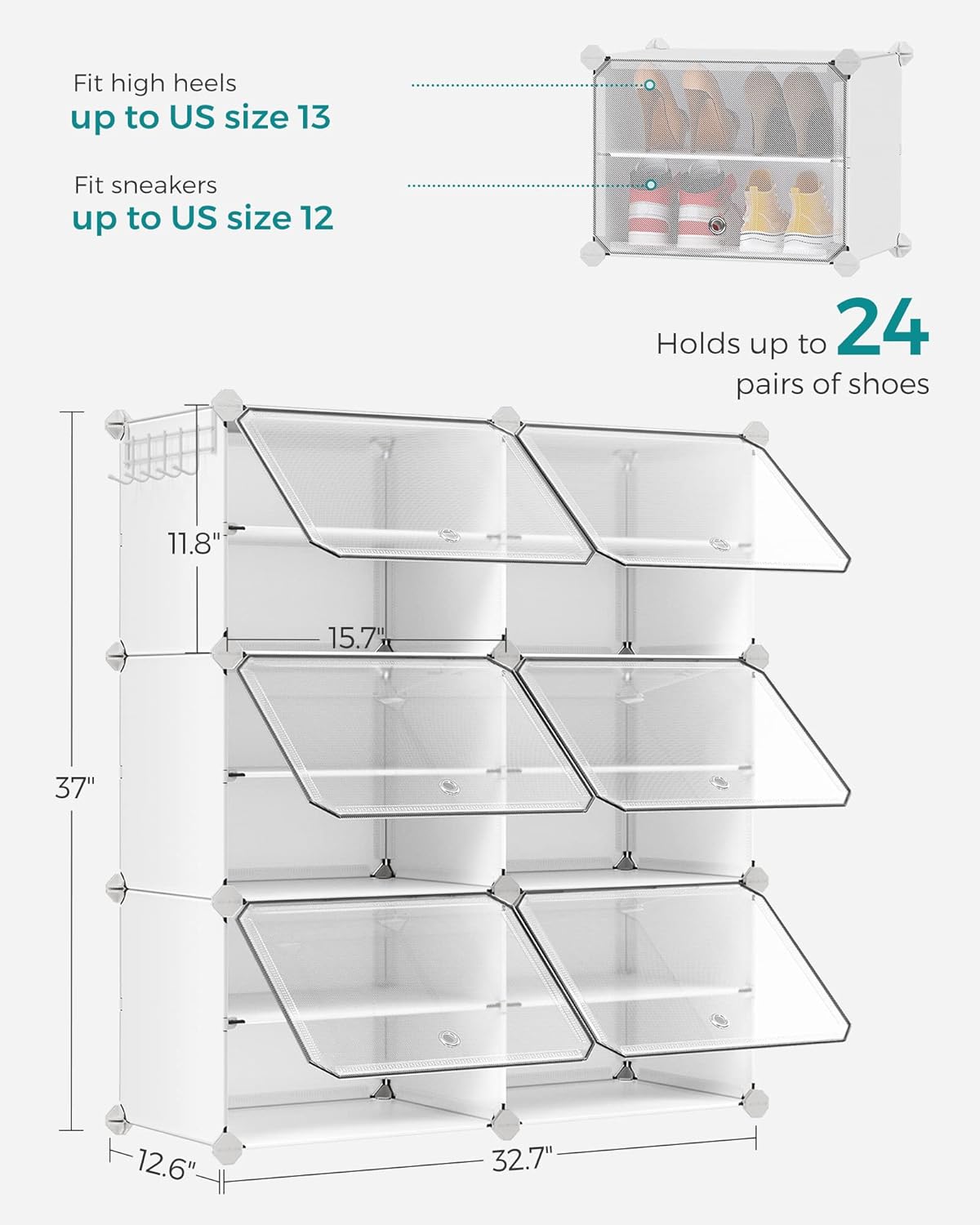 SONGMICS Shoe Rack Organizer - 6-Tier Adjustable Shoe Storage Cabinet | Holds 24 Pairs - Cloud White & Transparent