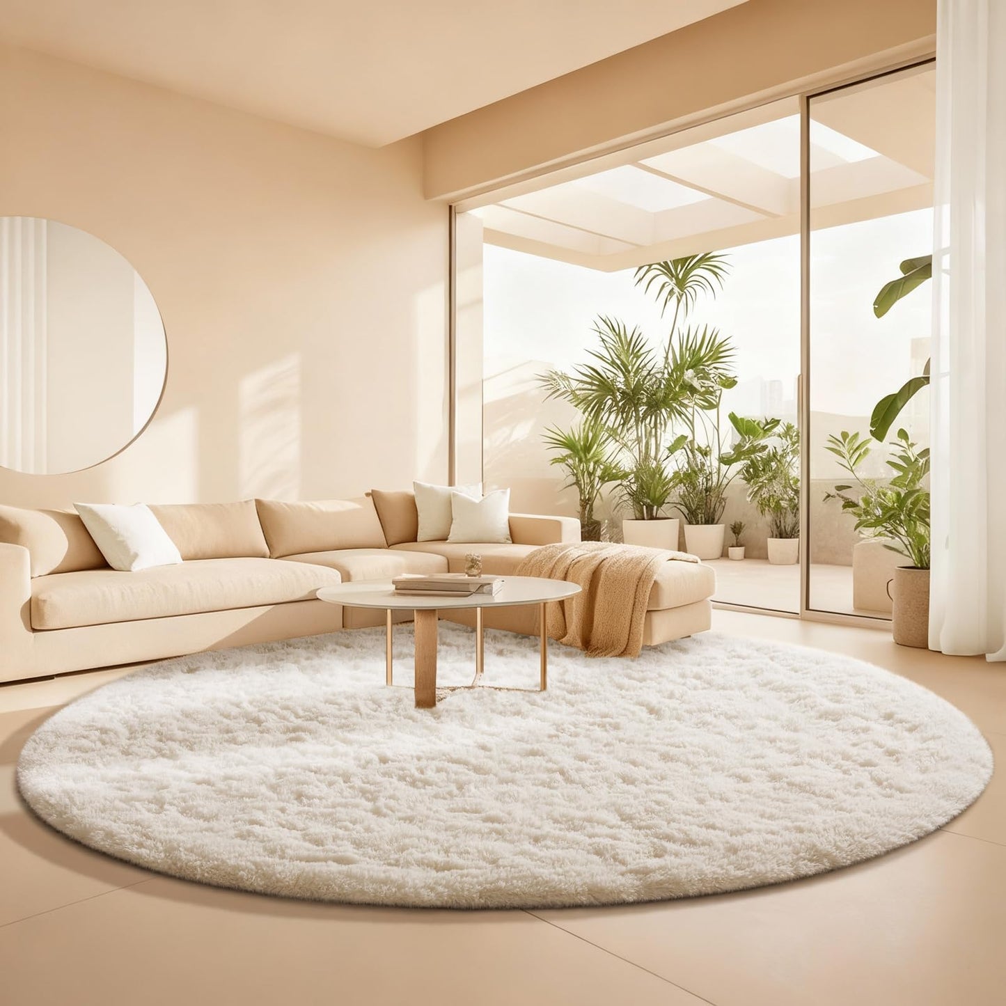 Ophanie Round Rugs 8Ft Ivory Circle Area Rug, Aesthetic Room Decor, Fluffy Fuzzy Bedroom Carpet, Plush Soft Shaggy Cream Living Room Rugs for Kids Home Decor, Nursery