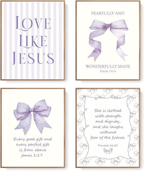 LARTSFRO Coquette Purple Bow Wall Art - Inspirational Christian Decor for Teen Girls | Set of 4 Unframed 10x8 Inch Prints