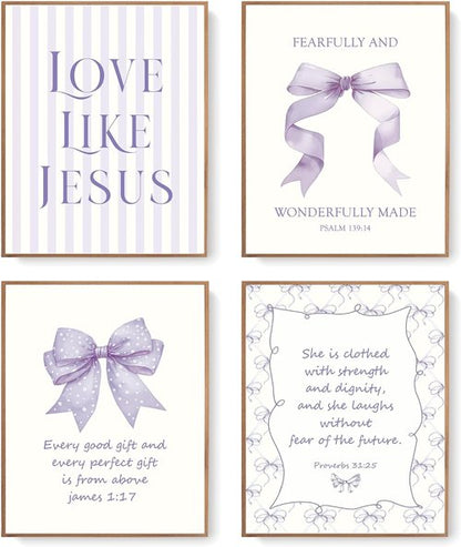 LARTSFRO Coquette Purple Bow Wall Art - Inspirational Christian Decor for Teen Girls | Set of 4 Unframed 10x8 Inch Prints