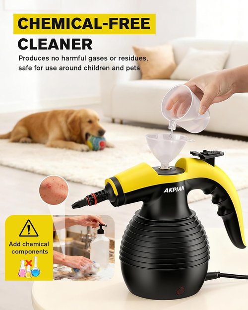 Handheld Steam Cleaner, 1050W Rapid-Heating Stainless Steel Boiler, Safety Locking Mechanism, Includes 10 Cleaning Tools, Deep Cleans Kitchens, Bathrooms, Cars, Windows, and More, Black
