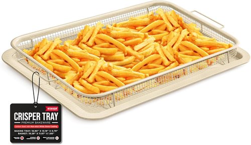 Bakken Swiss Crisper Tray - Non-Stick 2-Piece Set for Healthier Cooking | Extra Large 19" x 13" White Marble Coating