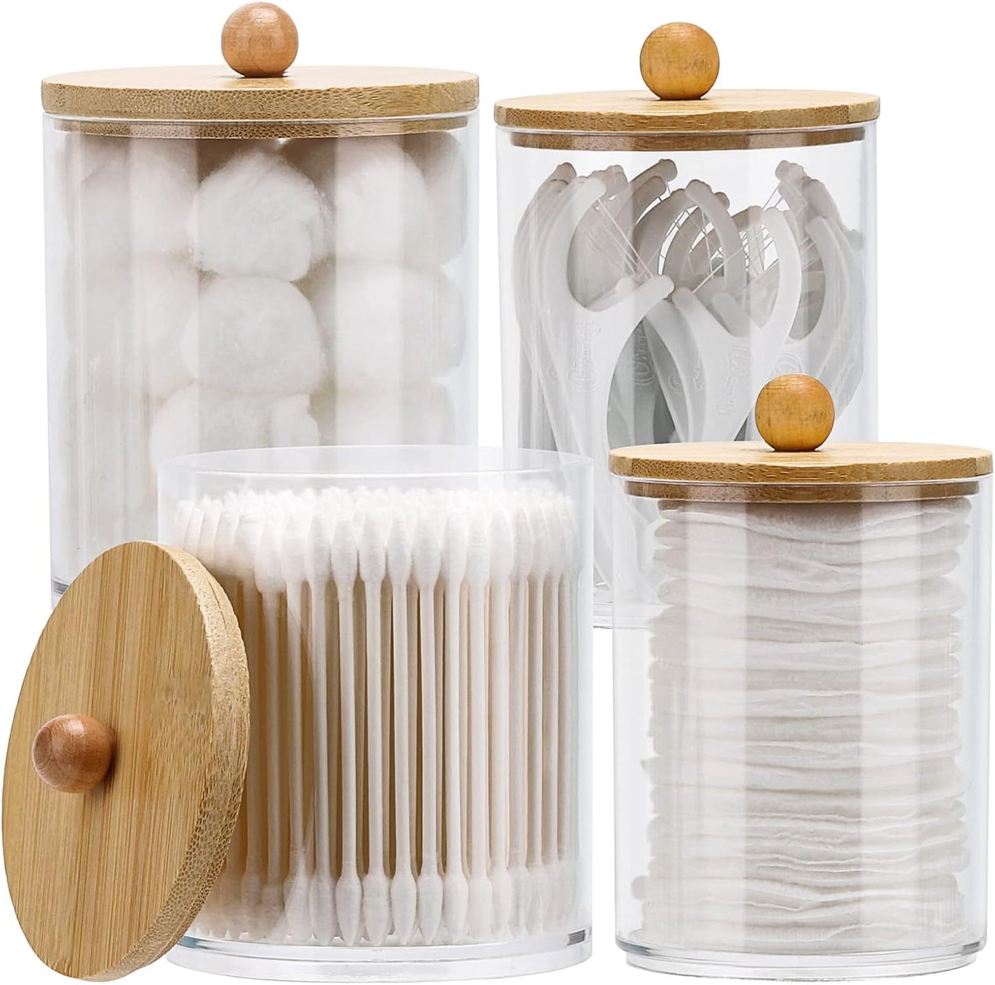 Tbestmax Qtip Holder Dispenser - 4 Pack Clear Plastic Apothecary Jars with Bamboo Lids | 12oz & 10oz Storage