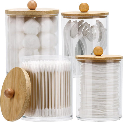 Tbestmax Qtip Holder Dispenser - 4 Pack Clear Plastic Apothecary Jars with Bamboo Lids | 12oz & 10oz Storage