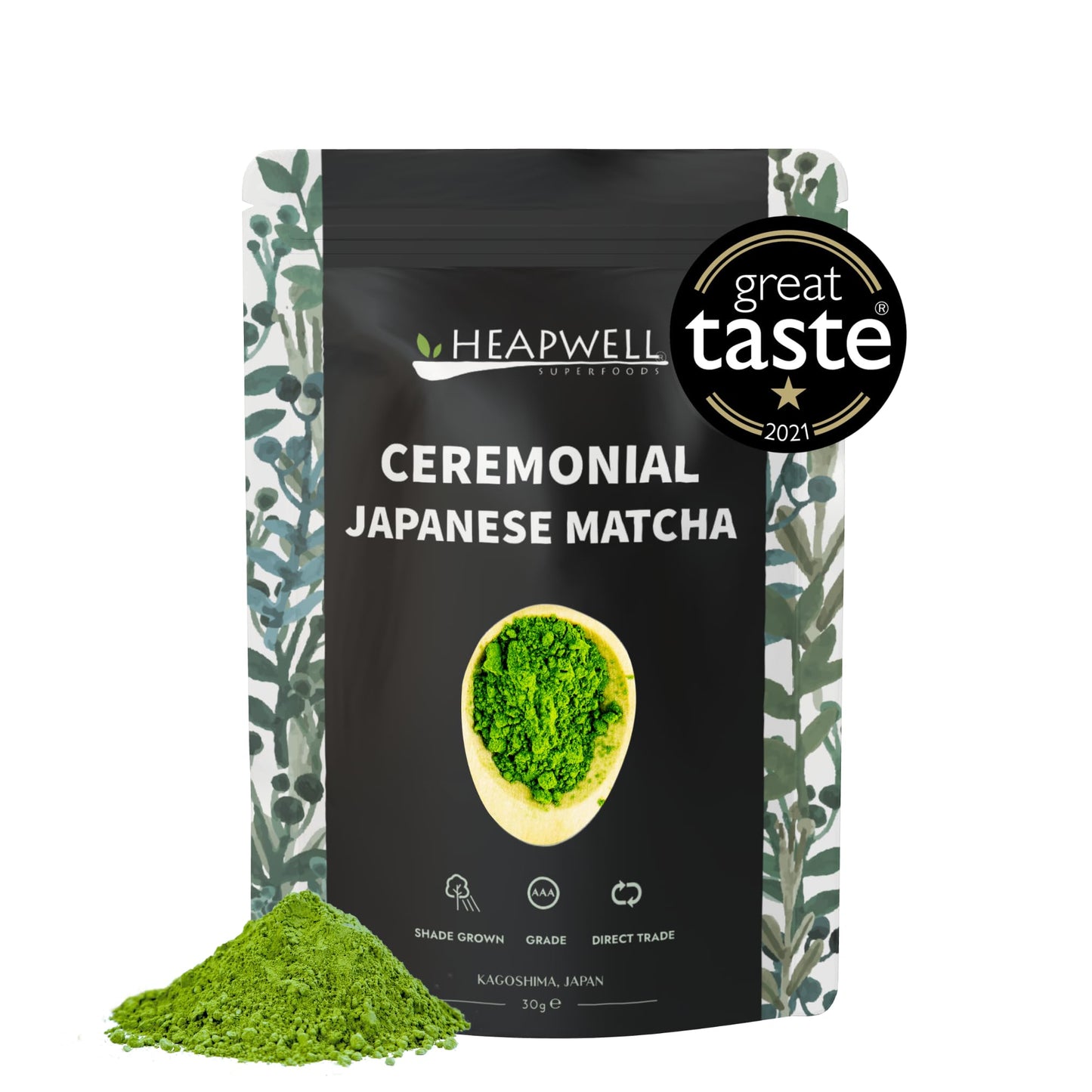 Heapwell Superfoods Japanese Single Origin Ceremonial Matcha Green Tea, 30g (1.06 oz) - Award-Winning 1-Star Great Taste 2021, Kagoshima Sourced