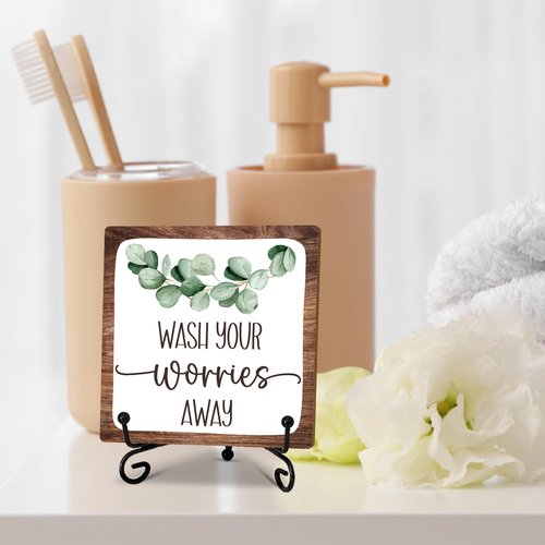 5" Bathroom Decor, Wash Your Worries Away Sign, Funny Bathroom Laundry Room Decor, Bathroom Guest Bathroom Decoration, Funny Toilet Washroom Plaque Sign Decor-A06