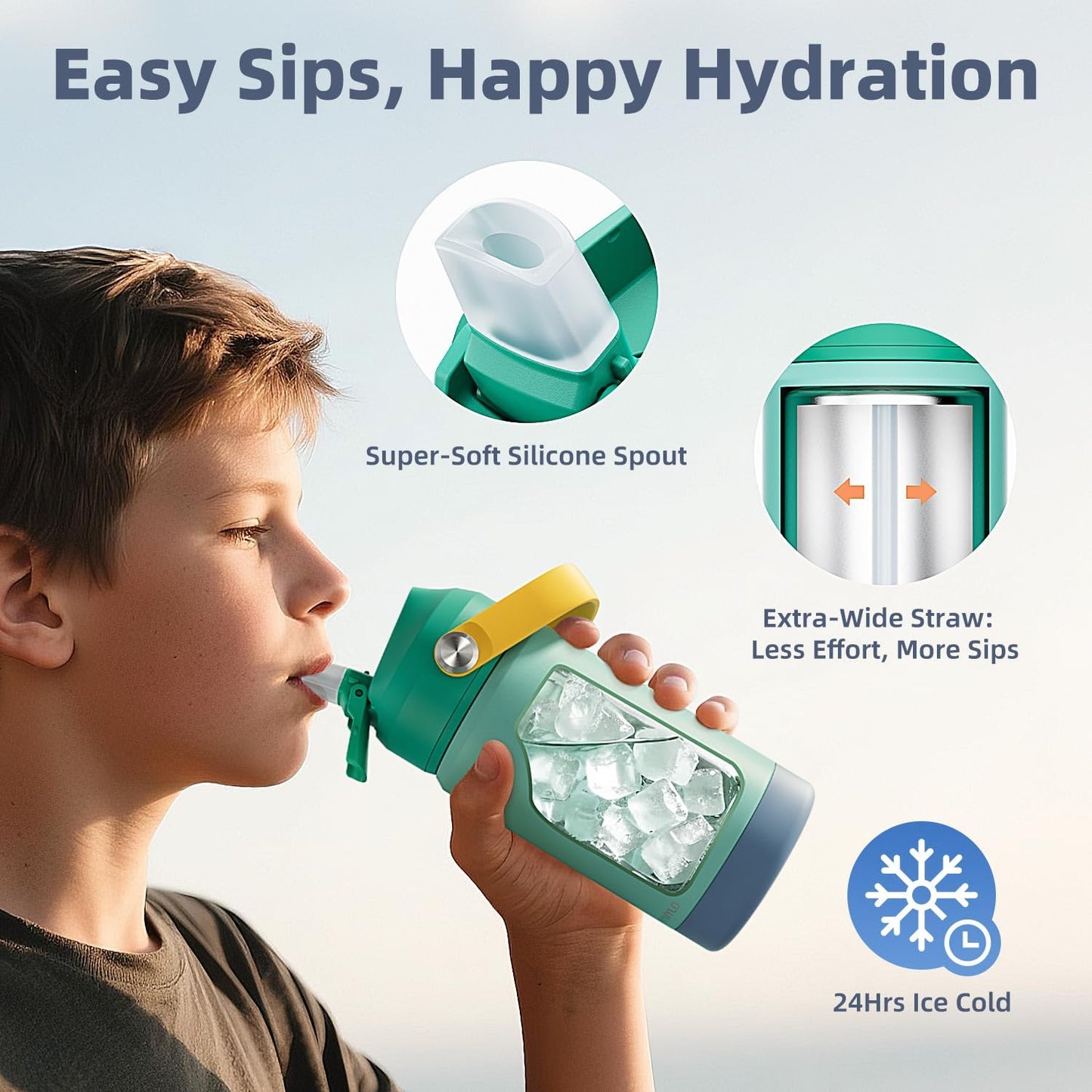Skiennix Toddler Water Bottle - Stainless Steel Insulated 12 oz | Leakproof, BPA-Free, Dishwasher Safe, Straw Included