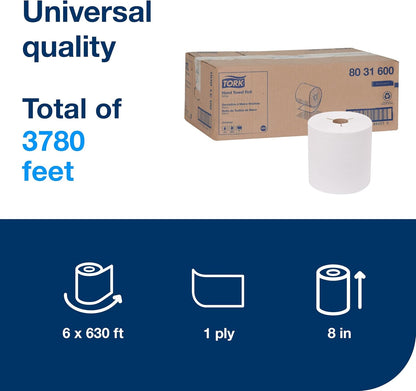 Tork Hand Towel Roll - 100% Recycled Fiber, Universal Fit, 6 Rolls x 630 ft - White, H80