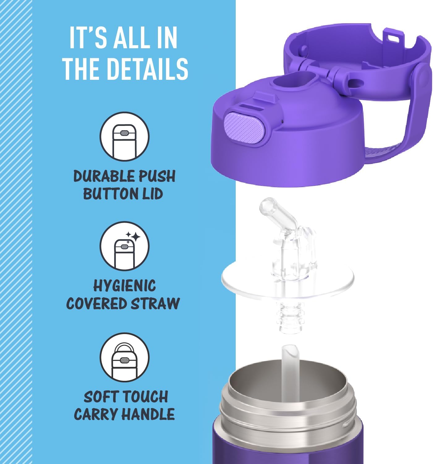 THERMOS FUNTAINER Water Bottle - 12 Ounce Kids Stainless Steel Vacuum Insulated - Violet Color