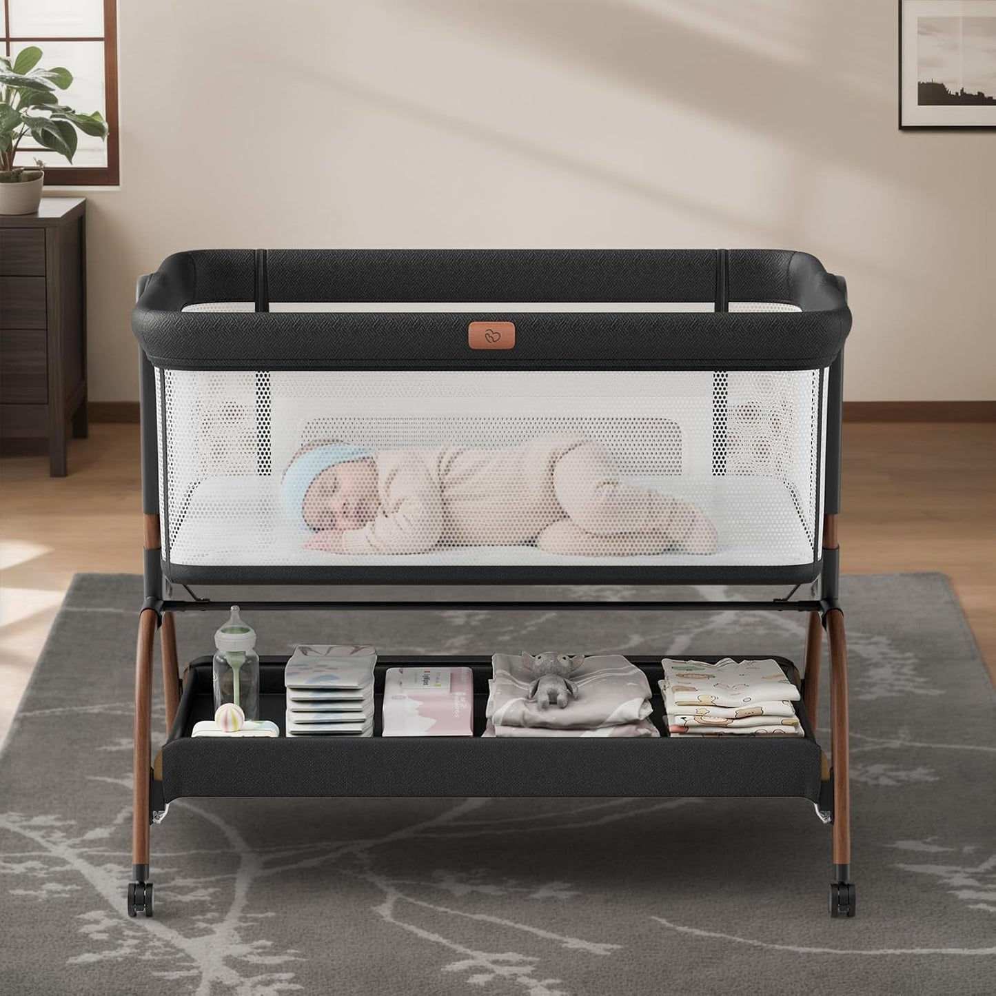 Skiennix Baby Bassinet - 3-in-1 Bedside Sleeper with Mattress & Breathable Sheet | Adjustable Height, Full-Mesh Sides