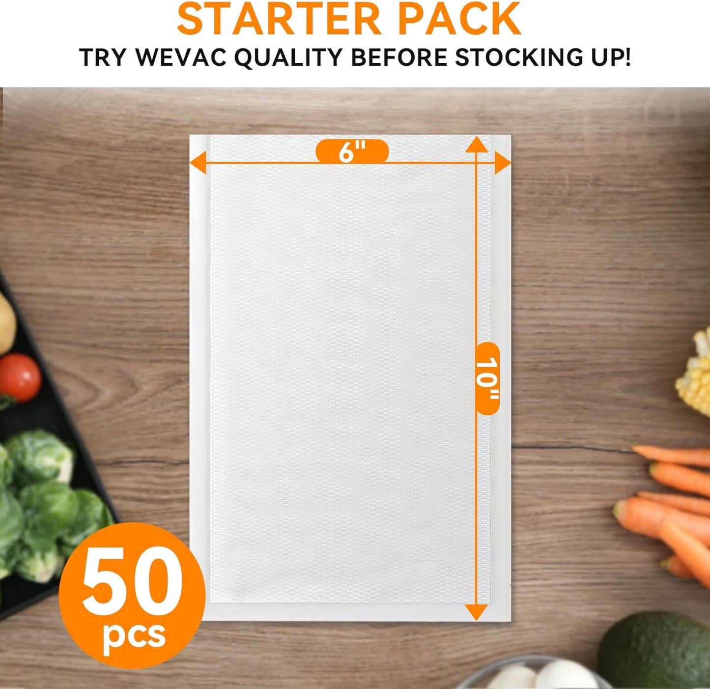 Wevac Vacuum Sealer Bags - Heavy-Duty BPA-Free Food Storage | 50 Count (6"×10"), Puncture-Resistant & Freezer Safe