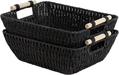 StorageWorks Large Wicker Storage Baskets - Stylish Organizing Solution with Wooden Handles | Black, 2-Pack