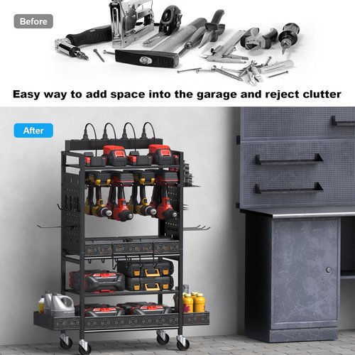 CCCEI Garage Power Tools Organizer Cart - Rolling Storage with Charging Station | Black Utility Rack for Tools