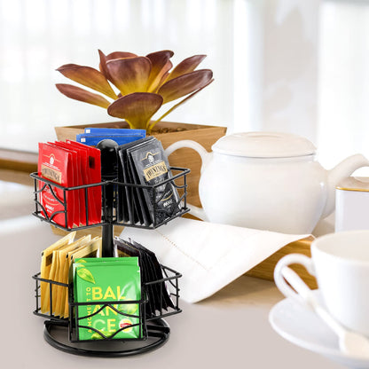 Frcctre Tea Bag Organizer, 360 Degree Tea Bag Spining Carousel Organizer with 6 Compartments, Lazy Susan Sugar Coffee Creamer Caddy for Kitchen Counter Cabinet Organizer, Up to 60 Tea Bags Storage