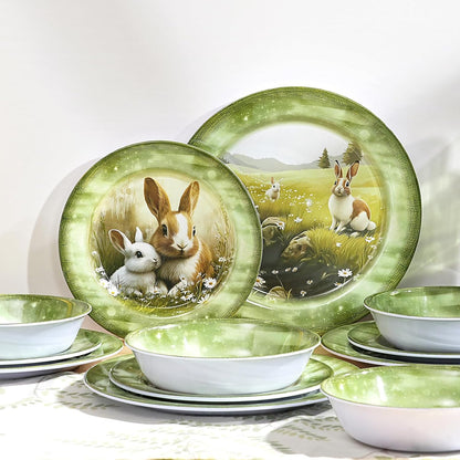 Skiennix 12-Piece Melamine Dinnerware Set - Lightweight Shatterproof Plates & Bowls for 4 | Green Bunny Design, Ideal for Outdoor Use