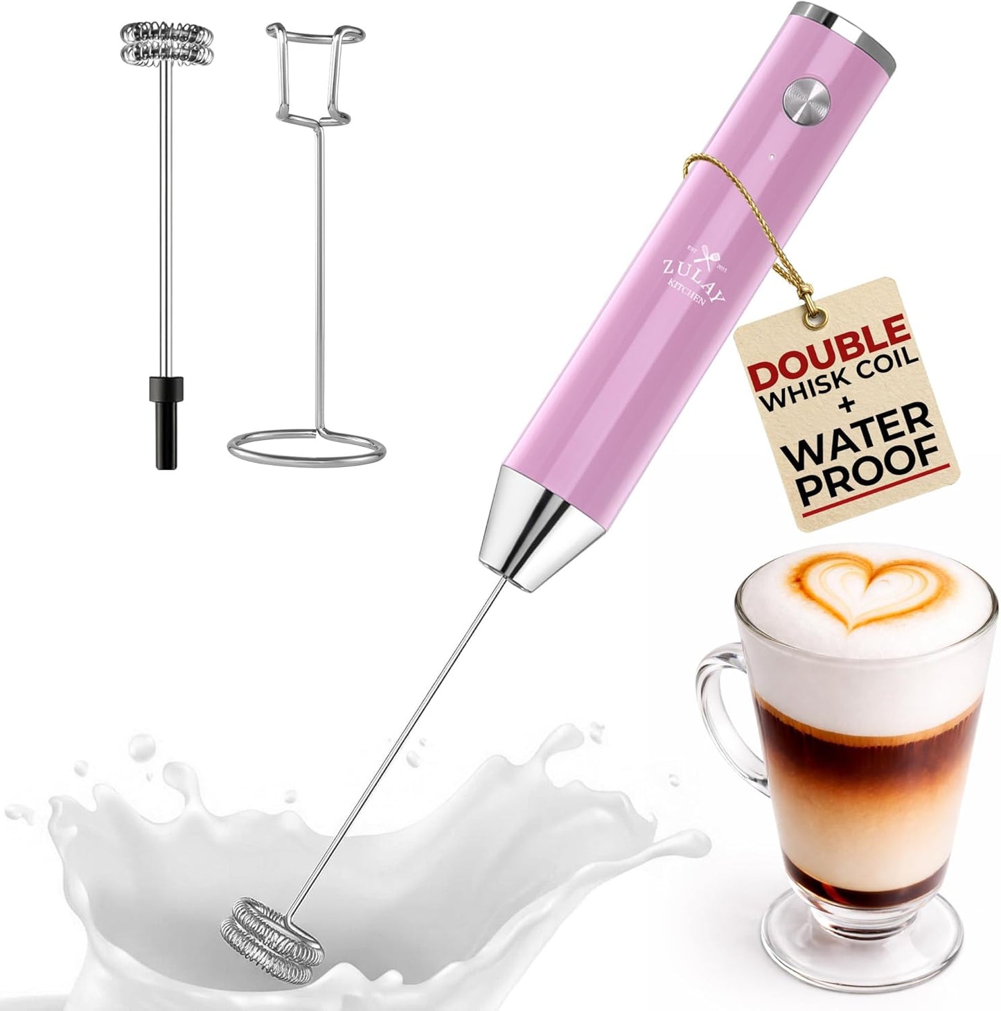 Zulay Kitchen Rechargeable Milk Frother - Powerful 2-Speed Motor, Waterproof Design | Pink Bubblegum Color