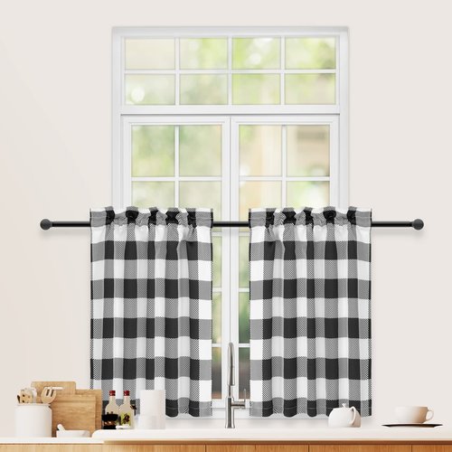 Simple Deluxe Buffalo Plaid Check Kitchen Tier Curtains, Short Small Window Gingham Curtain for Cafe, Bathroom, Kitchen Rod Pocket Curtains, Black and White, Tiers|26'' W x 24'' L X 2 Pcs