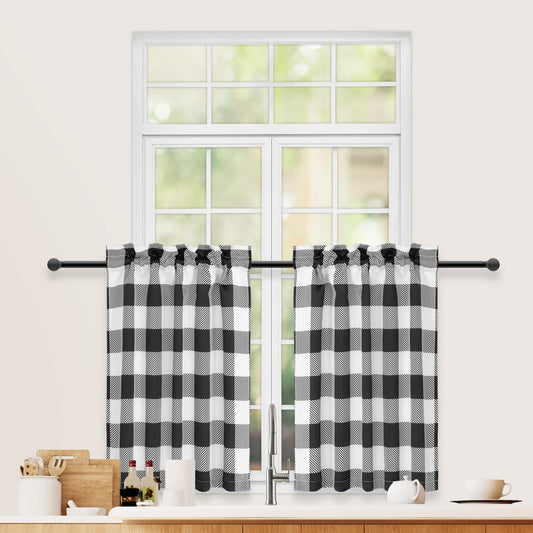 Simple Deluxe Buffalo Plaid Check Kitchen Tier Curtains, Short Small Window Gingham Curtain for Cafe, Bathroom, Kitchen Rod Pocket Curtains, Black and White, Tiers|26'' W x 24'' L X 2 Pcs