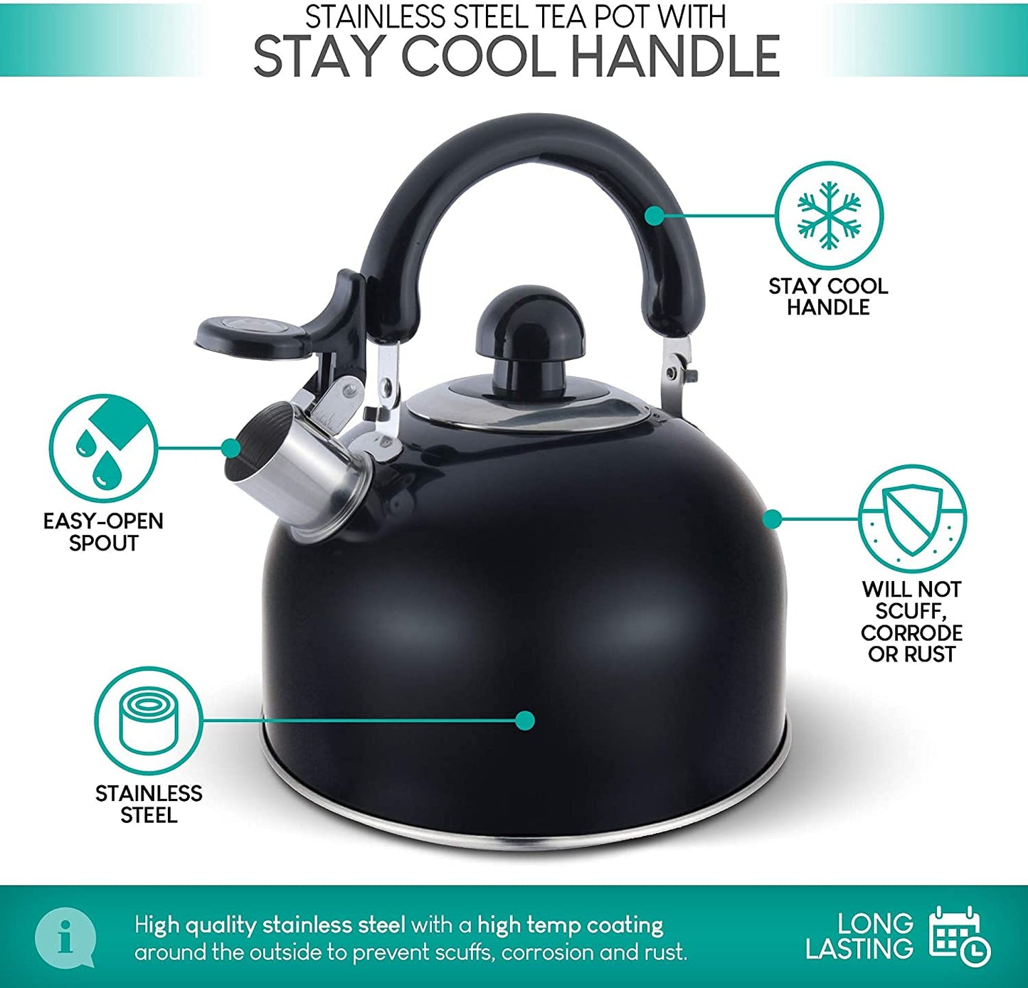 ELITRA HOME Whistling Tea Kettle Stainless Steel Tea Pot with Stay Cool Handle 2.6 Quart / 2.5 Liter (BLACK)