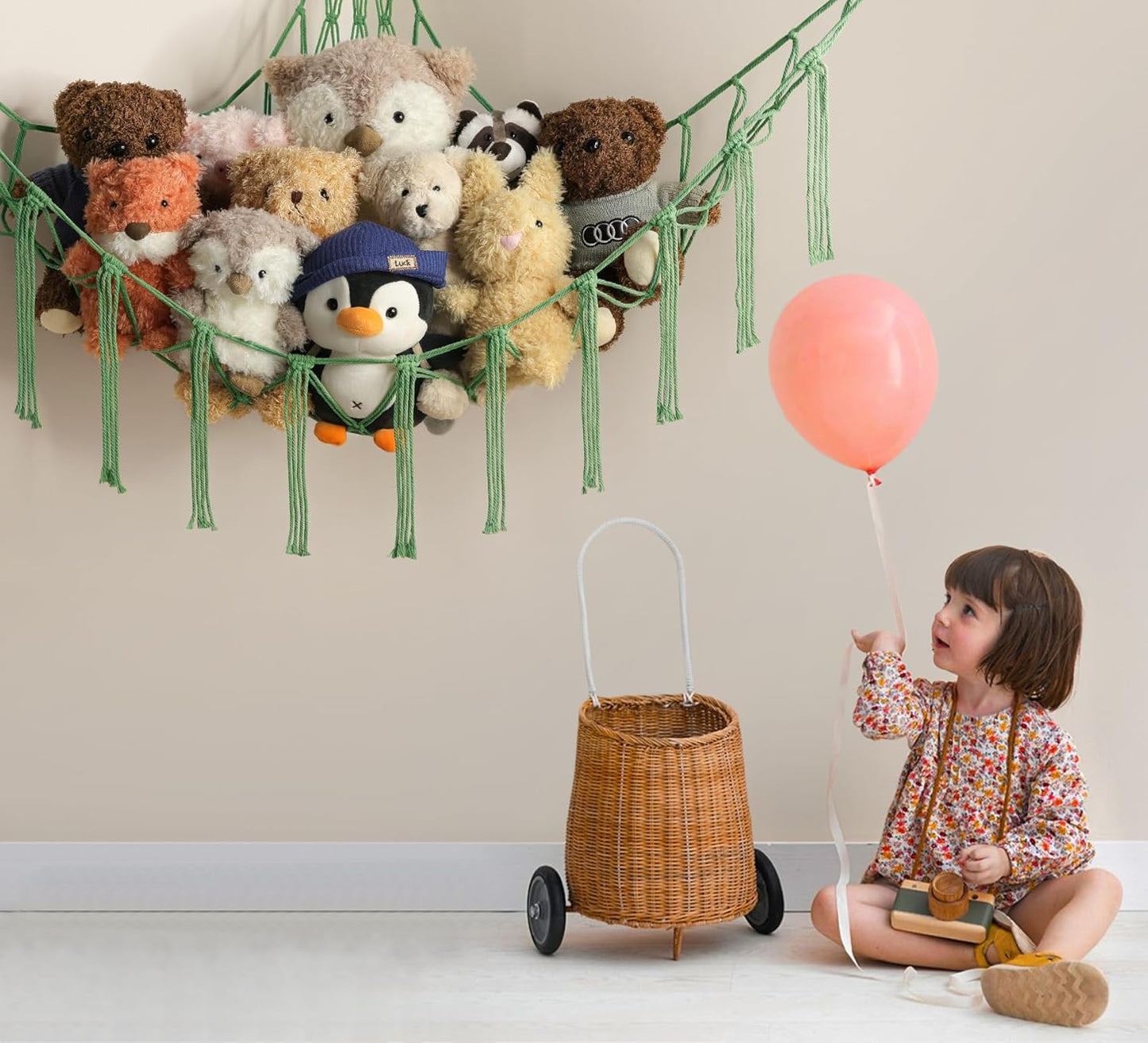 Mirolam Stuffed Animal Hammock - Corner Net Toy Storage Organizer in Matcha Green for Bedroom & Nursery