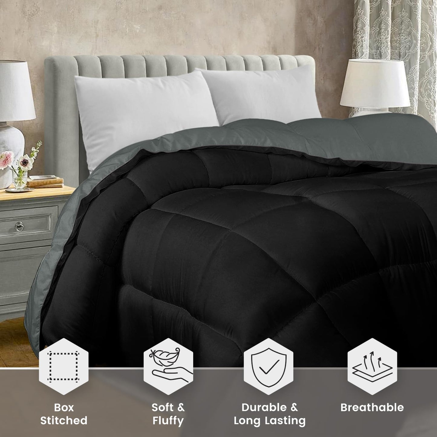 Utopia Bedding Comforter Duvet Insert, Quilted Comforter with Corner Tabs, Box Stitched Down Alternative Comforters Twin Size (Black/Grey)