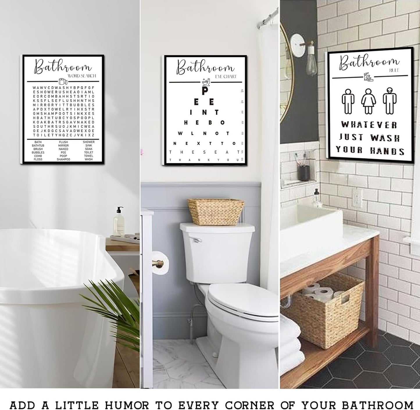 Skiennix Framed Bathroom Wall Art | Black and White Word Search Pee Eye Chart - Wash Your Hands (12x16 in, Set of 3)