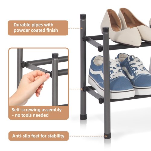 STORAGE MANIAC Expandable Shoe Rack, 8 Pairs Stackable Small Shoe Rack, Metal Adjustable Shoes Organizer for Closet, Entryway, Hallway, Garage, Front Door, Shoes Shelves, Black 2 Tier