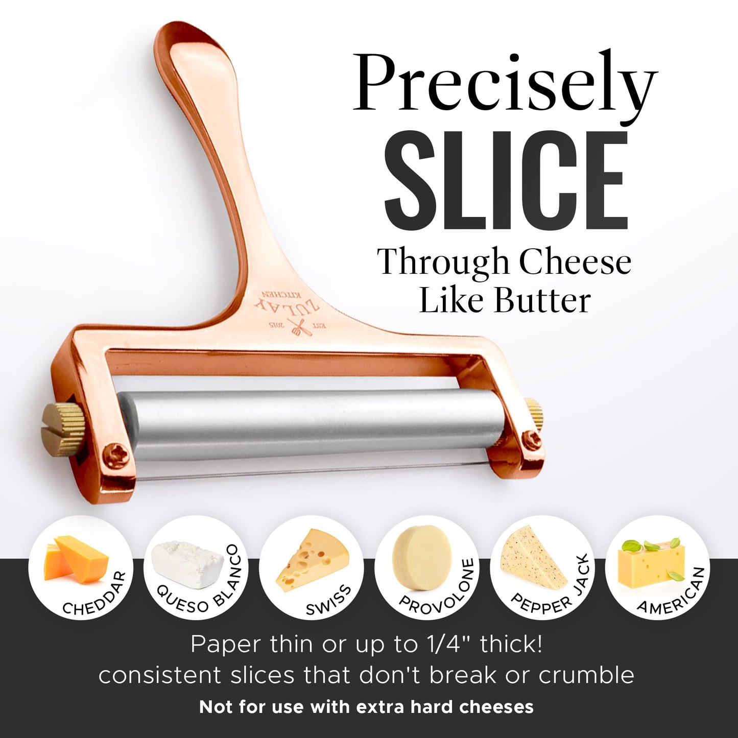 Zulay Cheese Slicer With Adjustable Thickness - Wire Cheese Slicer For Mozzarella Cheese, Cheddar Cheese, Gouda Cheese - Cheese Slicers For Block Cheese Heavy Duty With 2 Extra Wires (Rose Gold)