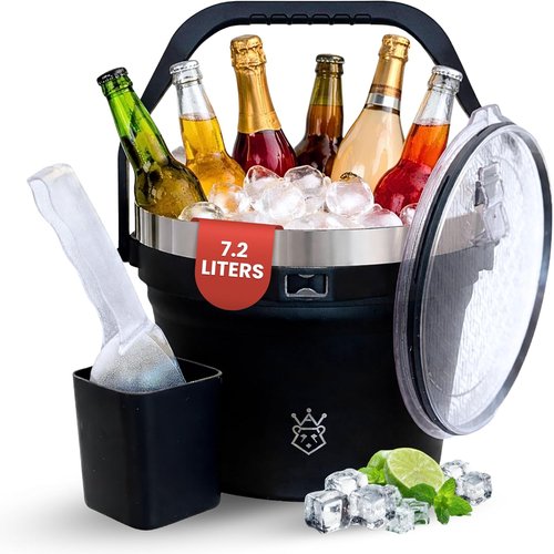 Insulated Ice Bucket with Lid & Scoop-XL Double-Walled, bar Essentials for Entertaining, Holiday Party, Stainless Steel Wine Chiller, Beverage Tub with Handle, Bottle Opener, Great Gift (Black)